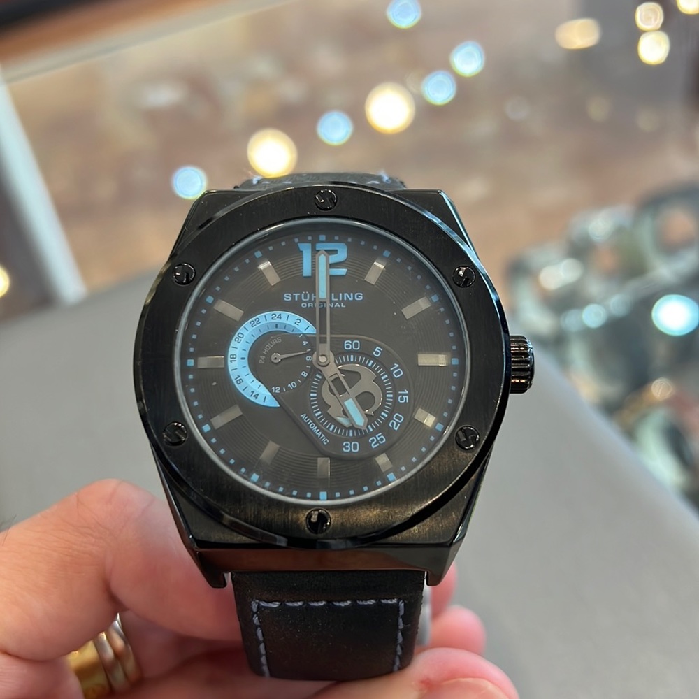 STUHRLING WATCH, AUTOMATIC Black and Blue Chronograph